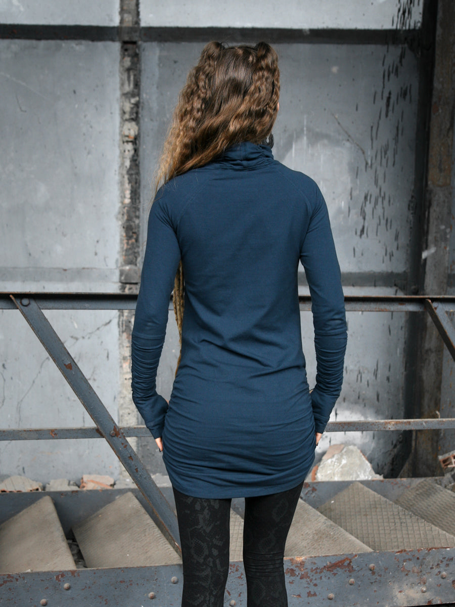 Deep blue tunic dress with long sleeves and gathered collar - BlackBohemWear Deep blue tunic dress with long sleeves and gathered collar - BlackBohemWear