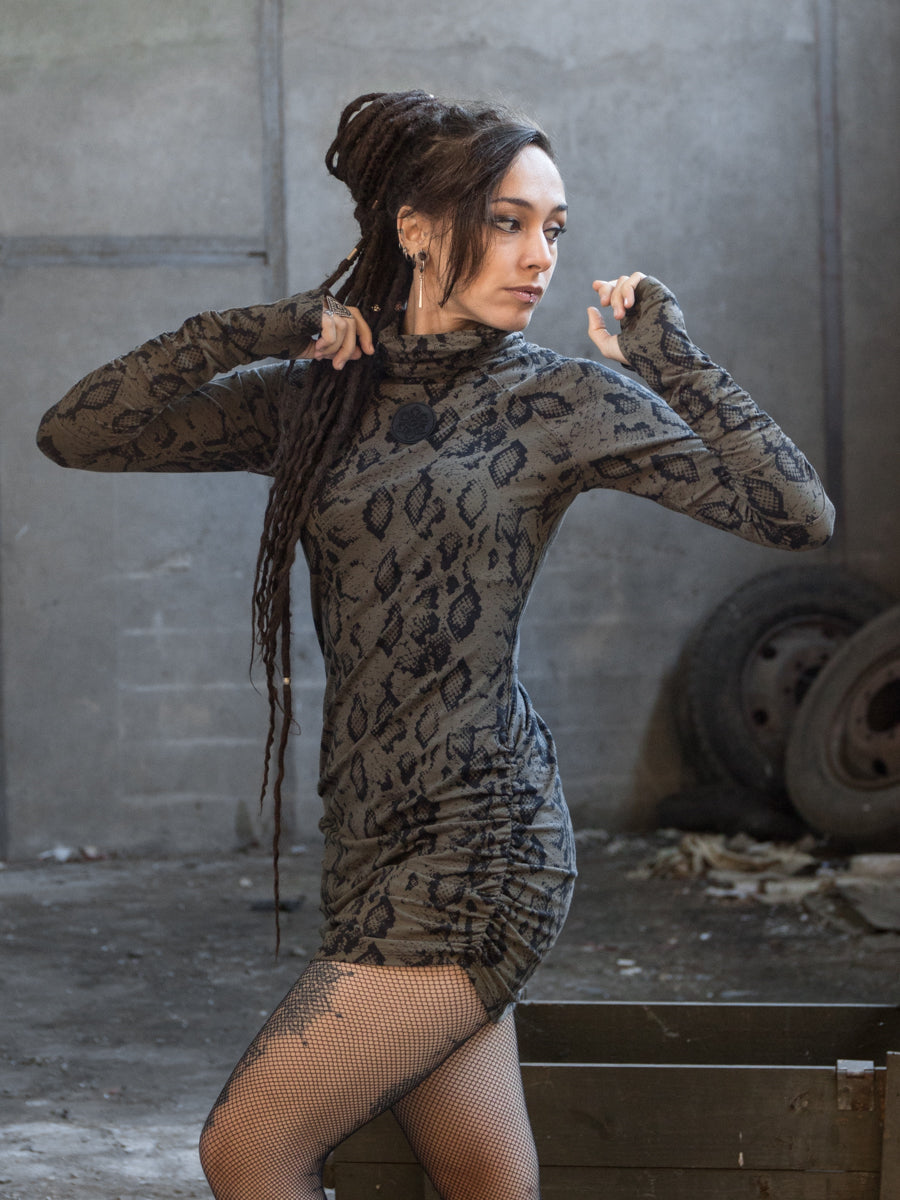 Army green tunic dress with long sleeves and snake pattern - BlackBohemWear Army green tunic dress with long sleeves and snake pattern - BlackBohemWear