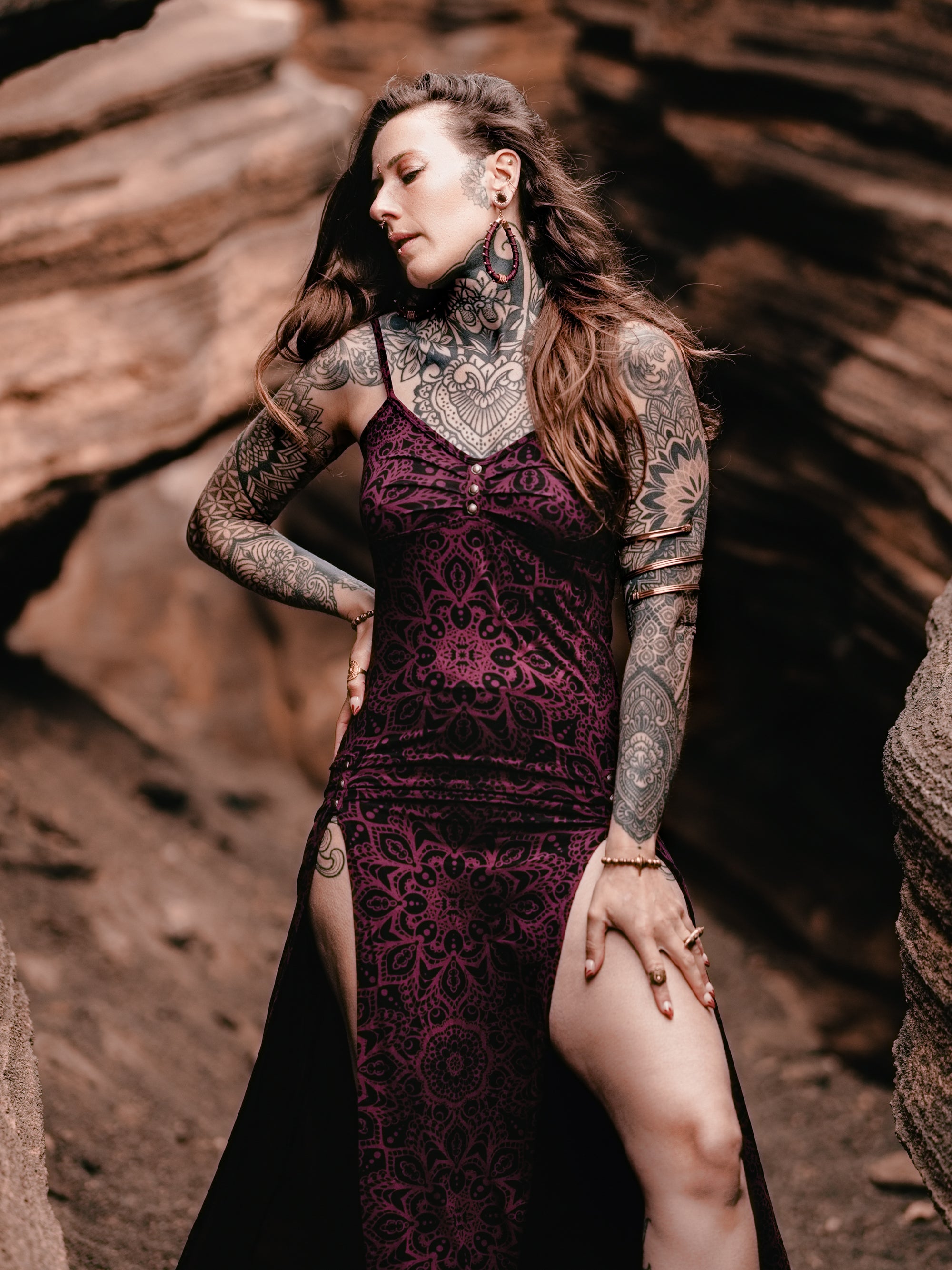 fitted lace wedding dress maxi purple summer dress with slits and mandala lace print